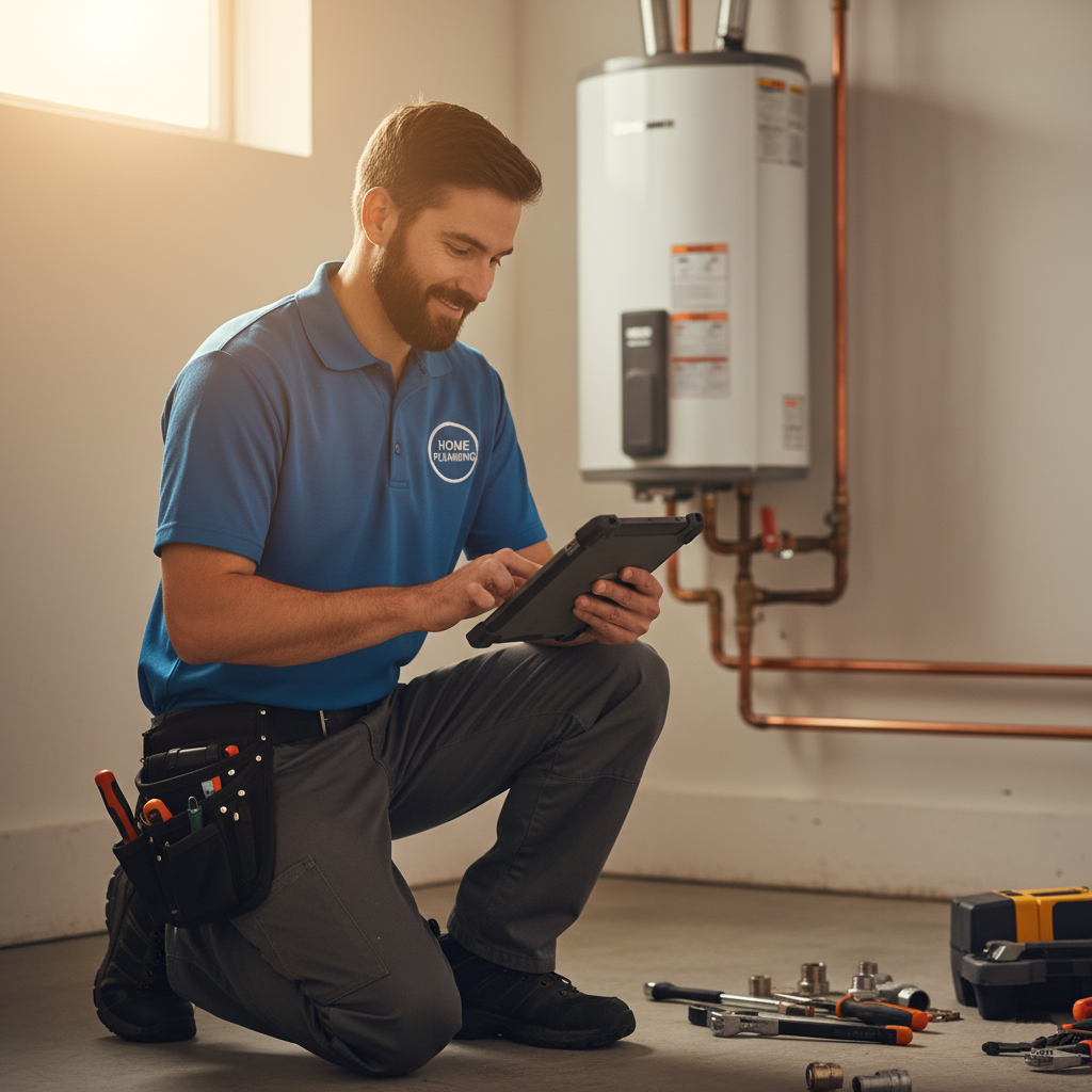 Professional plumber using tablet on job site with water heater installation